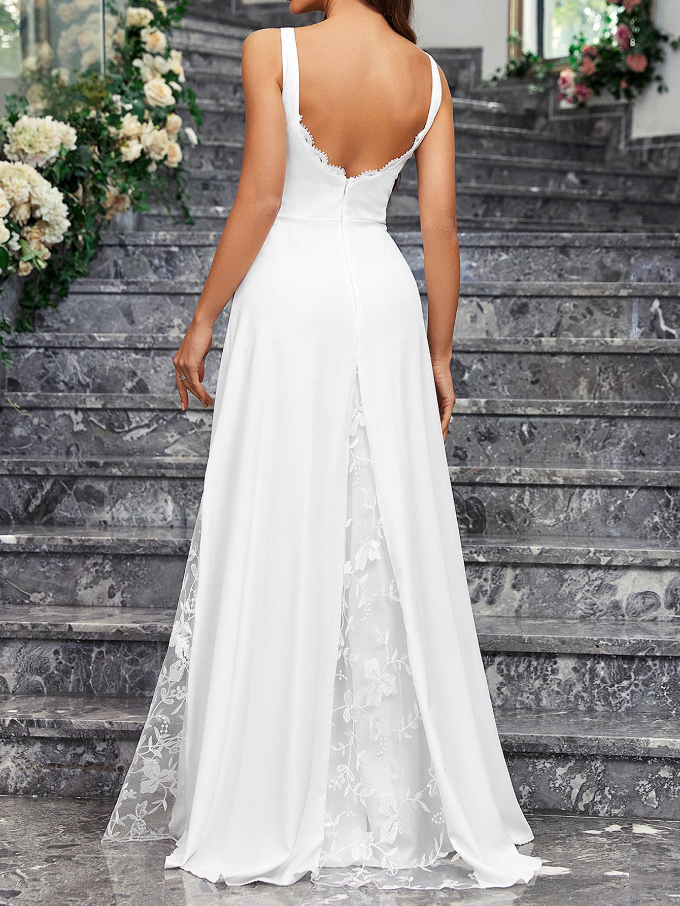 Summer Elegant Wedding Gown White Bridesmaid Dress Sleeveless Square Neck Large Swing Lace Dress 3