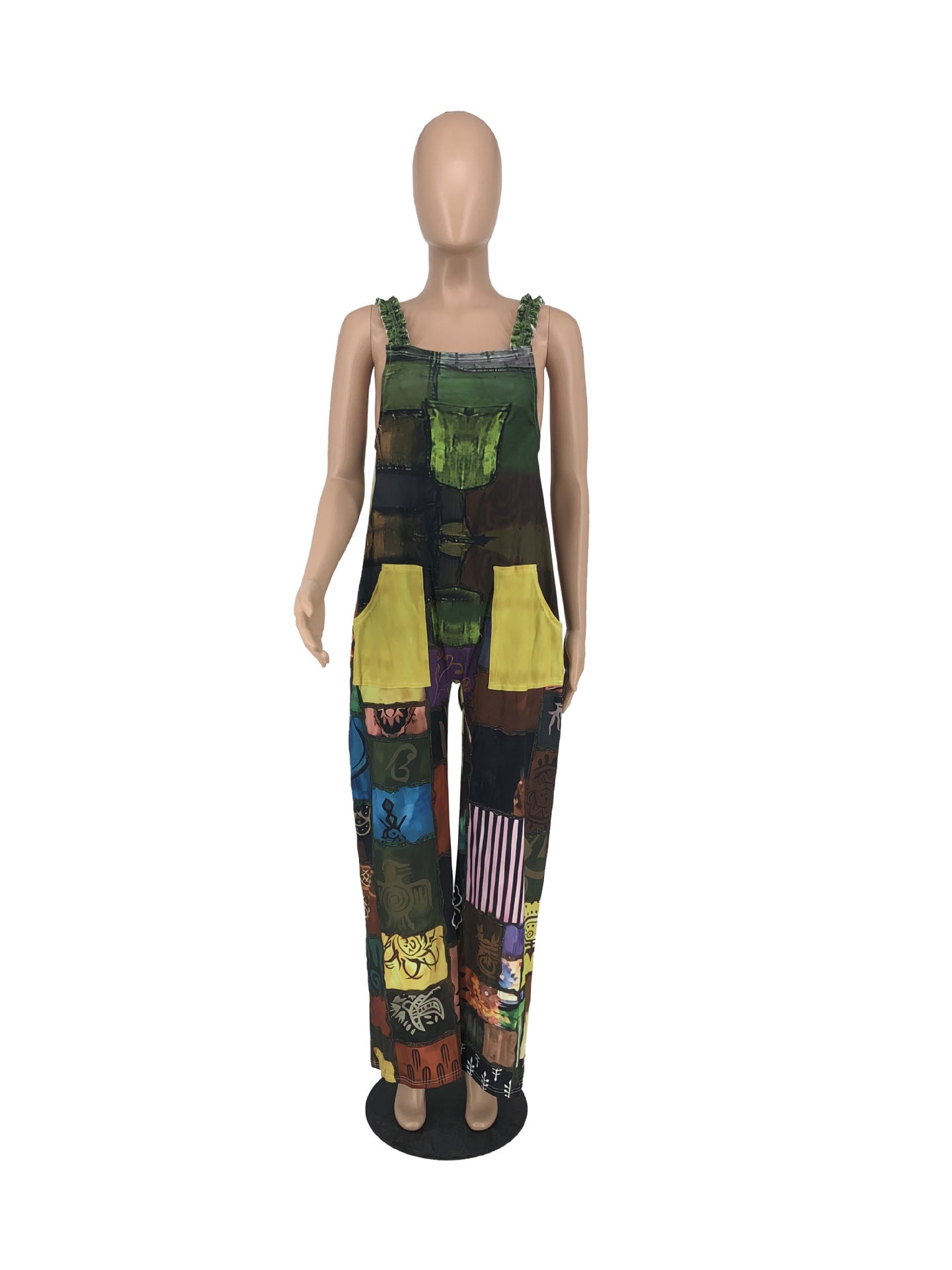 Women'S Printed Boho Bib Pants Strap Wide Leg Jumpsuit 15