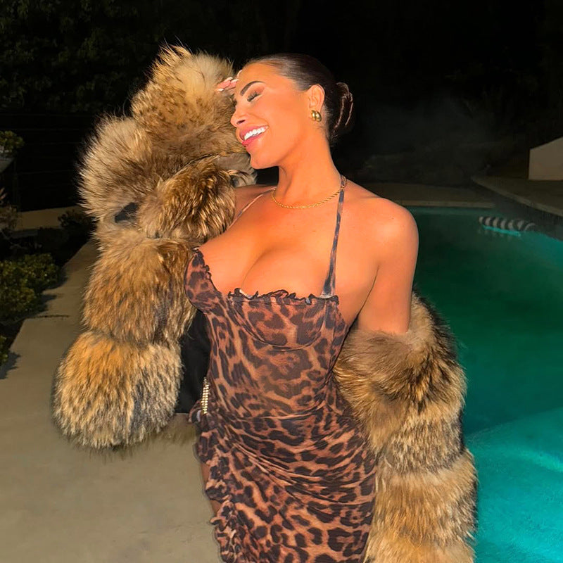 Summer Women's Sexy Low Back Halter Neck Lace-up Asymmetric Leopard Dress 16