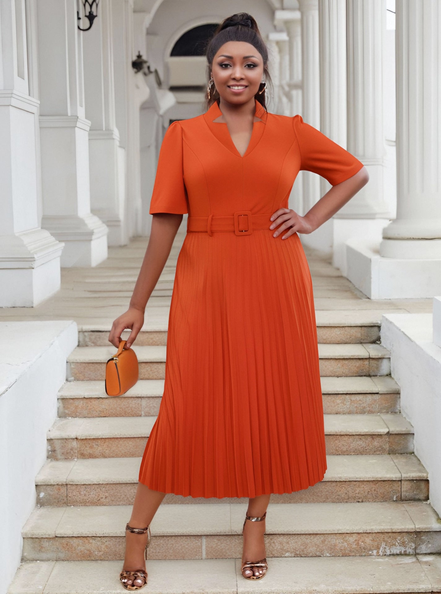 Plus Size Women's Office Summer Short Sleeve Fashion V-Neck High Waist Chic Pleated Long Dress 10