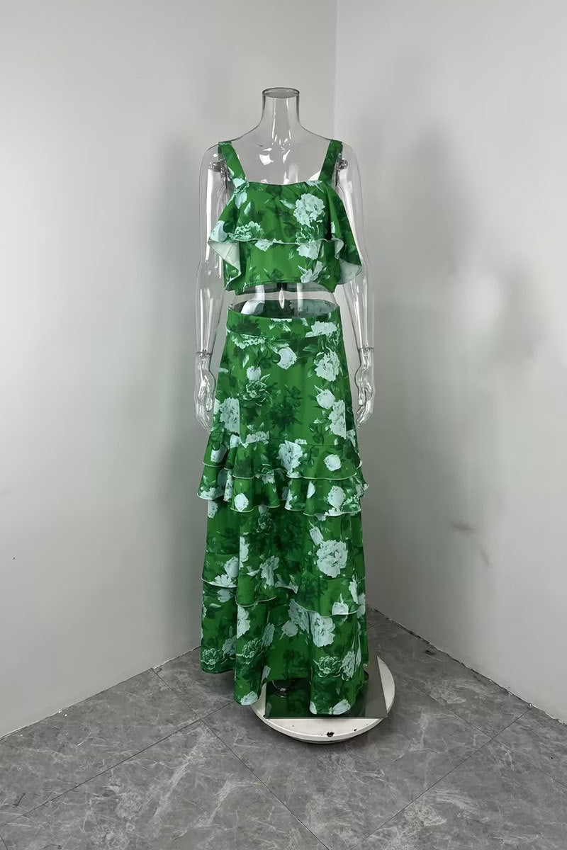 Women Beach Edge Holidays Printed Suspender Top Cascading Ruffles Skirt Two-Piece Set 31