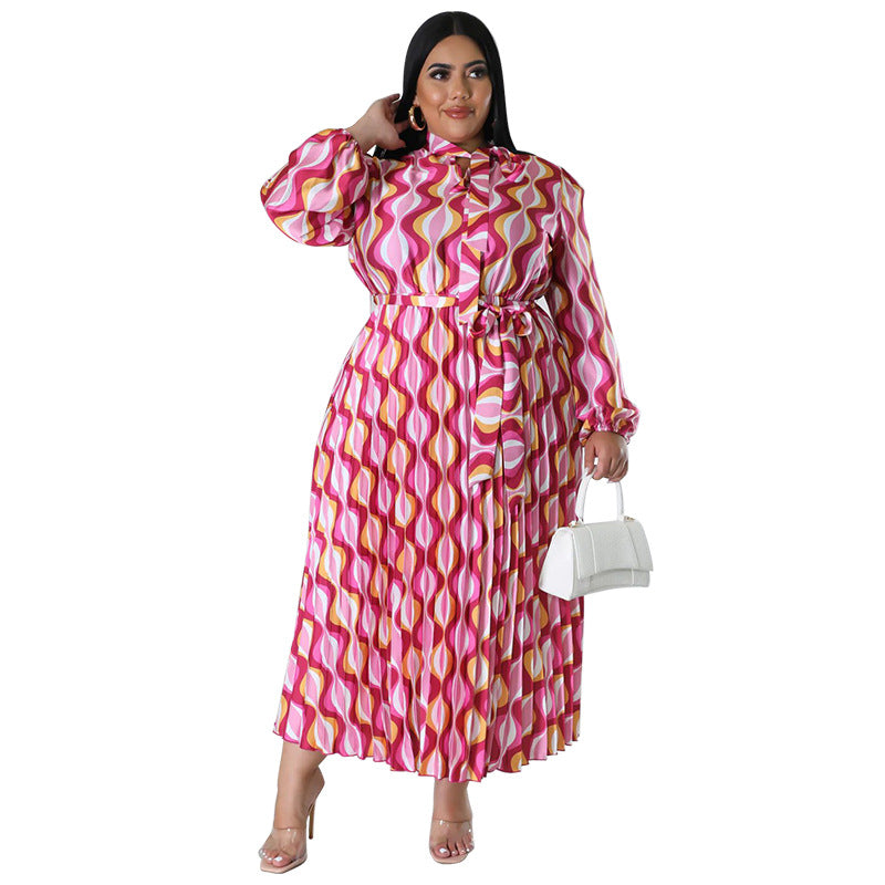 Plus Size Women Lace-Up Long Sleeve Printed Pleated Dress 38