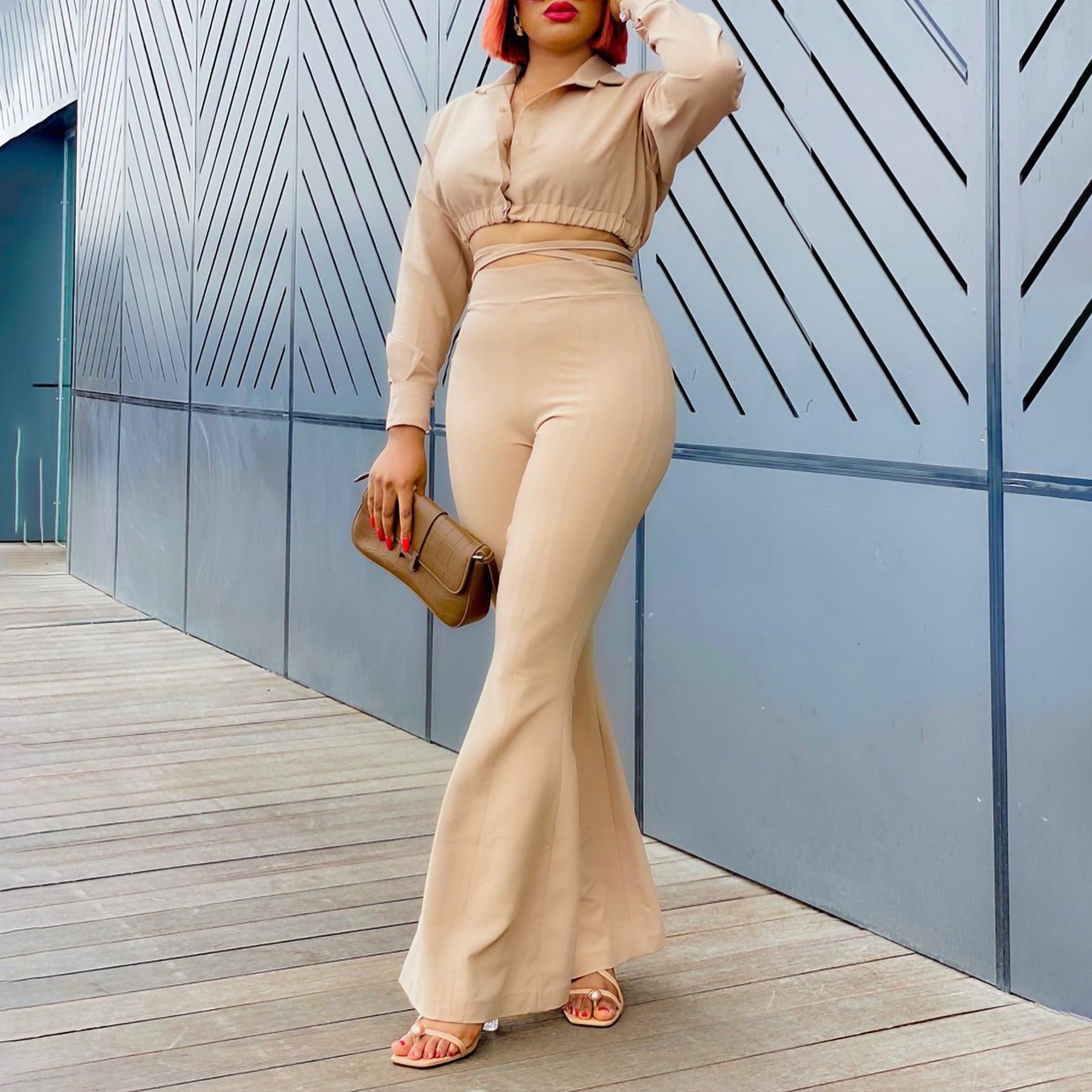 Women Plus Size Fashion Chic Turndown Collar Shirt High Waist Bell Bottom Pants Two Piece Suit 4