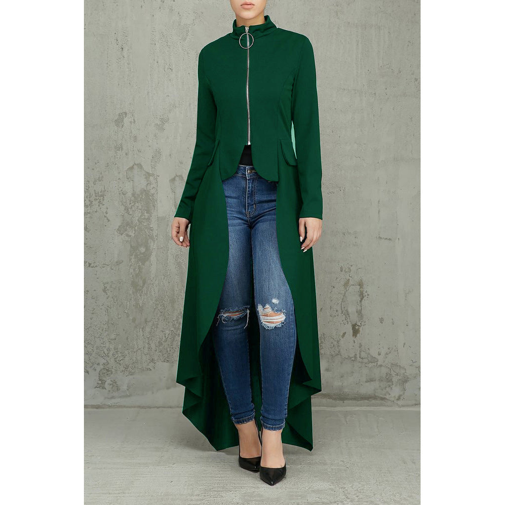 Spring Long-Sleeved High-Neck Slim Zipper Irregular Long Dress 42