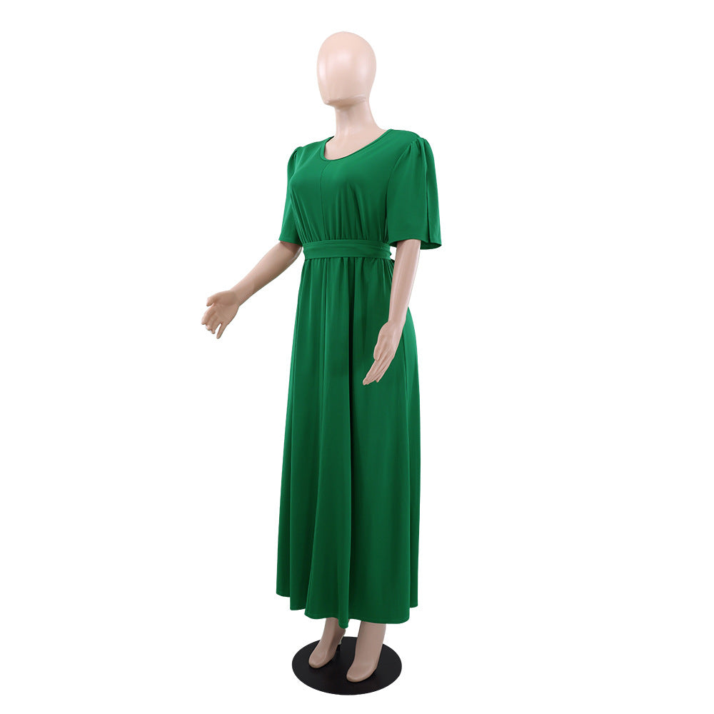 Green Round V-Neck High Waist Belt Short Sleeve Elegant Long Dress 4