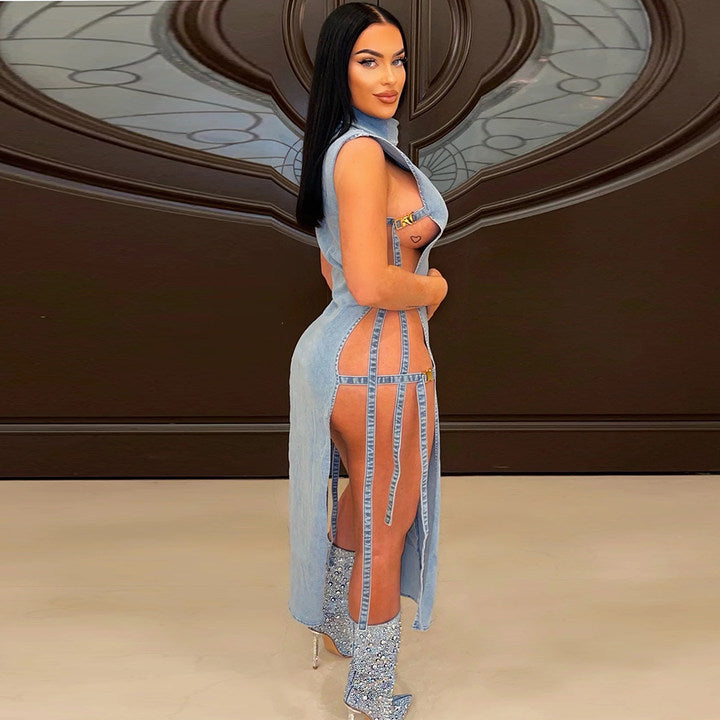 Sexy sleeveless hollow slit high collar denim dress 9