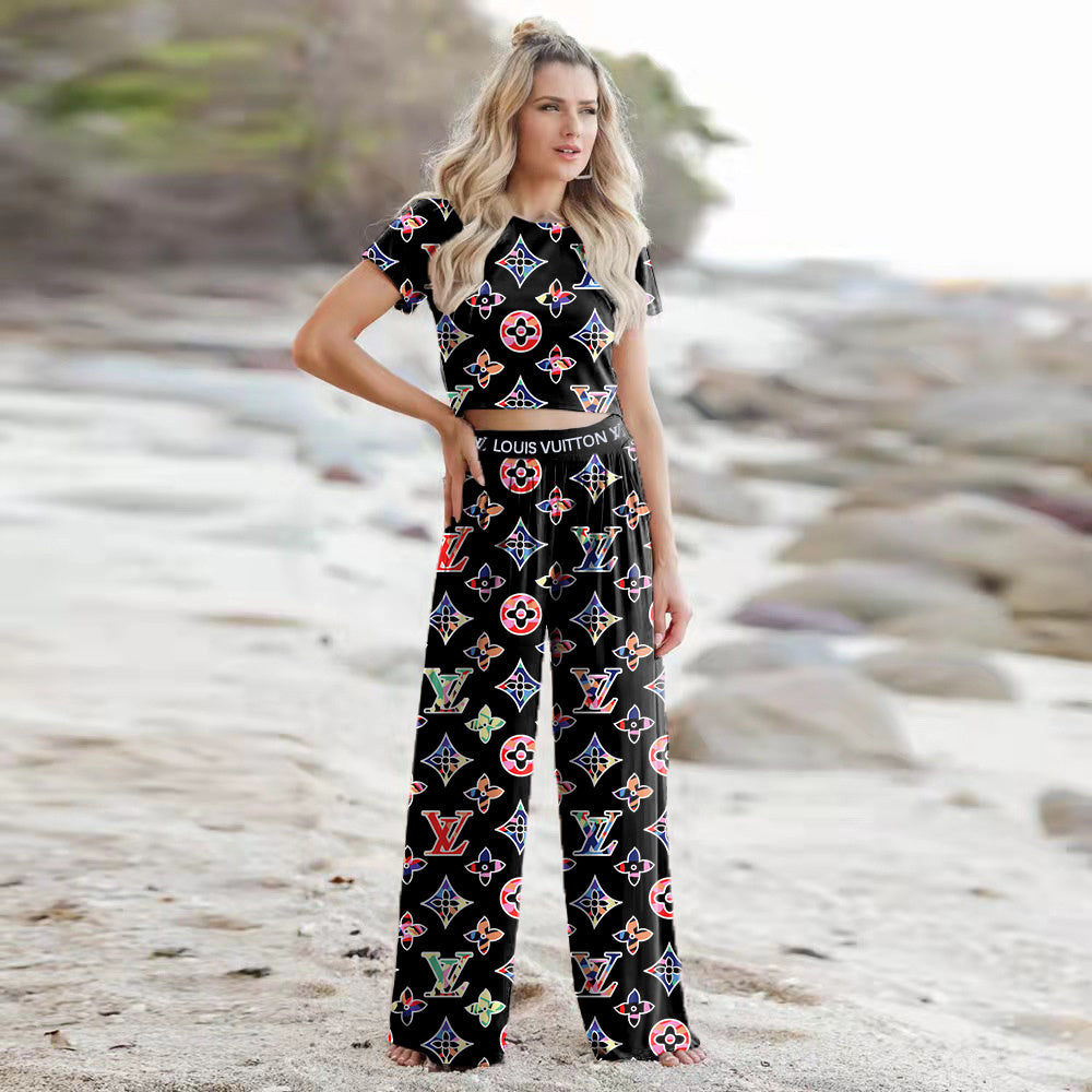 Women's Summer Sexy Short Sleeve Wide Leg Two-Piece Pants Set