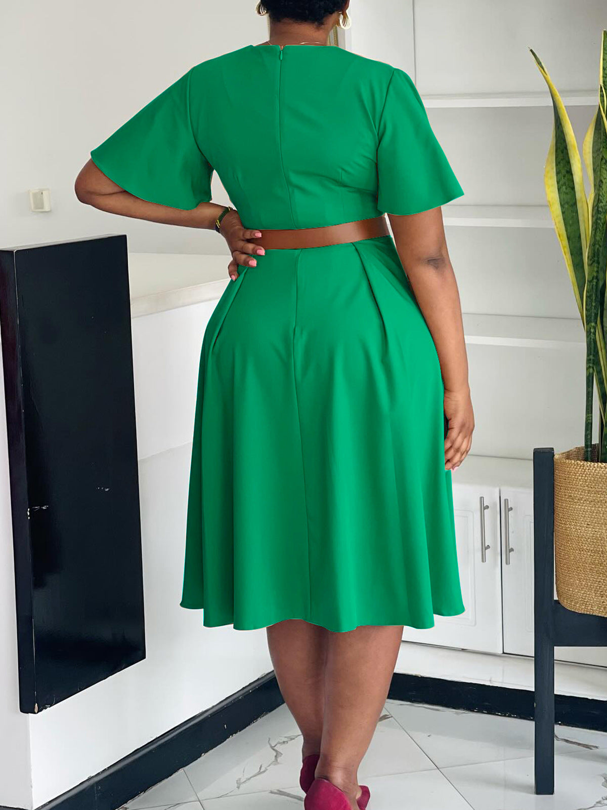 Plus Size Women Elegant Solid V-Neck Bell Bottom Sleeve African Dress