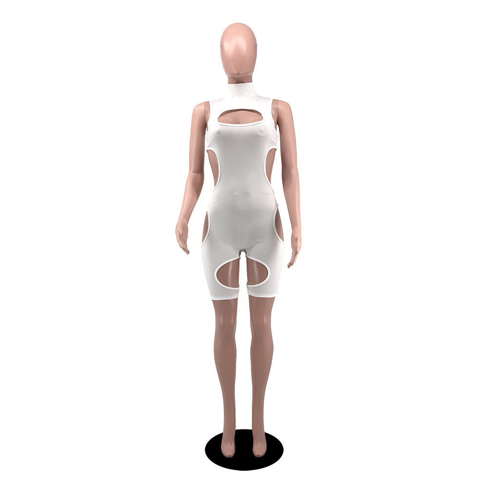 Women's Summer Solid Color Sexy Hollow Short-Sleeve Jumpsuit 12