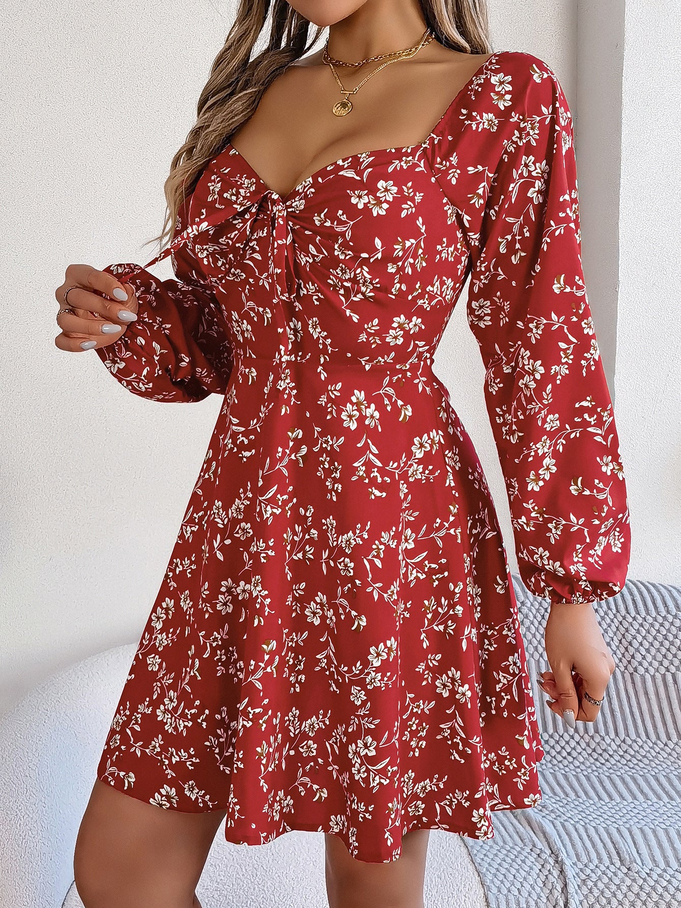 Autumn Winter Casual Sexy Lace-Up Square Neck Floral Long Sleeve A-Line Women's Dress 4