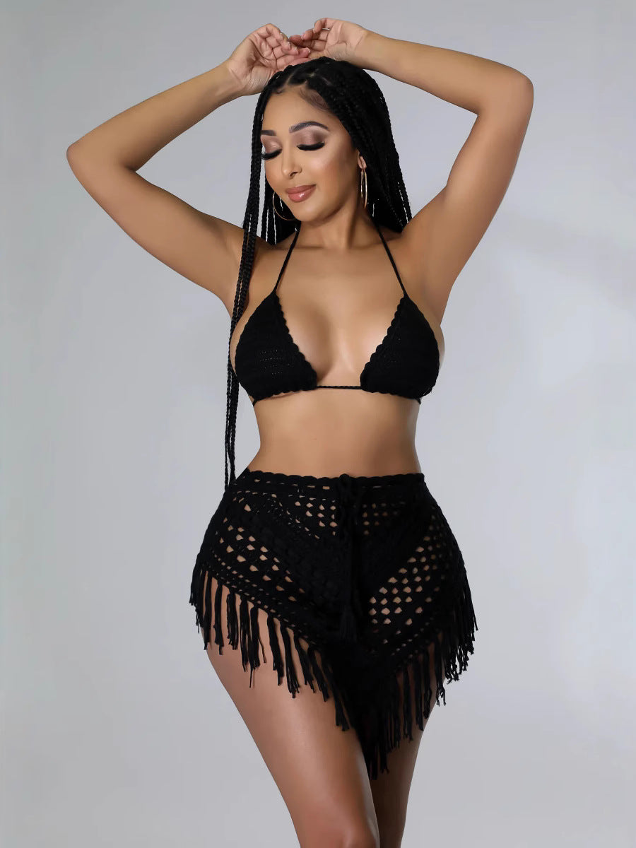 Summer Crocheted Hollow Bra Tassel Short Skirt Sexy Two-Piece Set 8