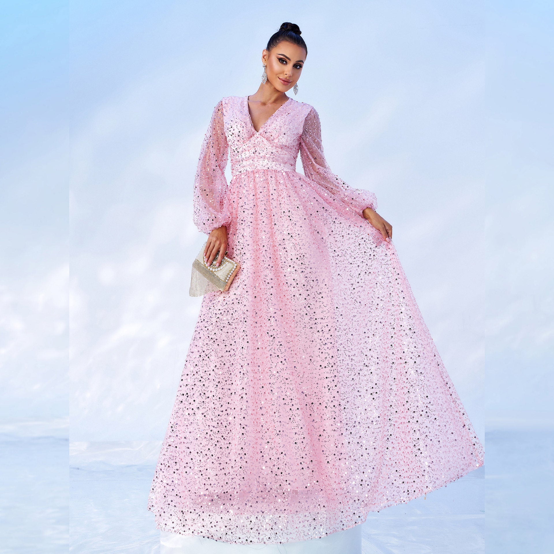 Long Sleeve V-Neck Long Sequin Formal Party Evening Dress Bridesmaid Dress 6