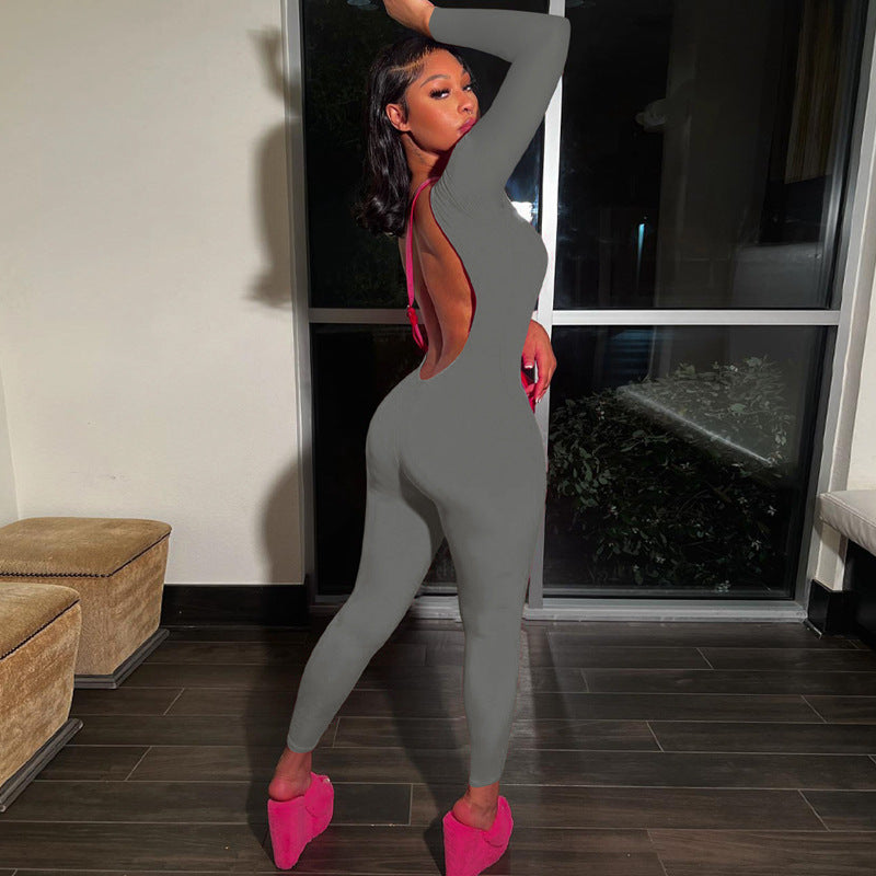 Women Backless Solid Long Sleeve Jumpsuit 4