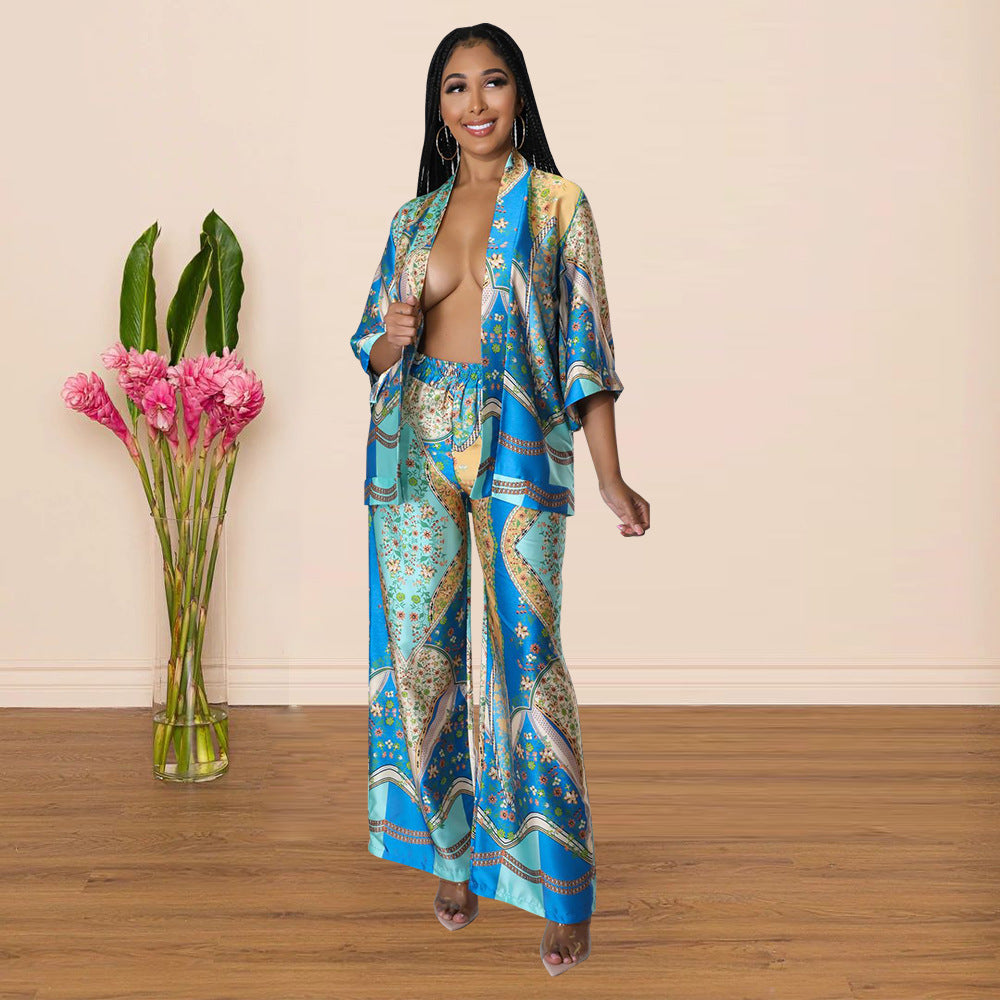 Women Long Sleeve Printed Top + Wide Leg Pants Two Piece Set 9