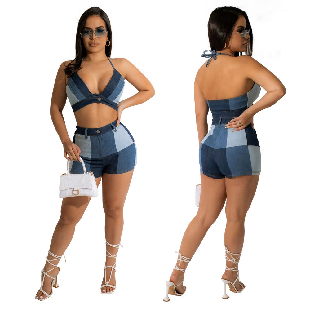 Women Large Plaid Sling Sleeveless Top Shorts Two-Piece Set