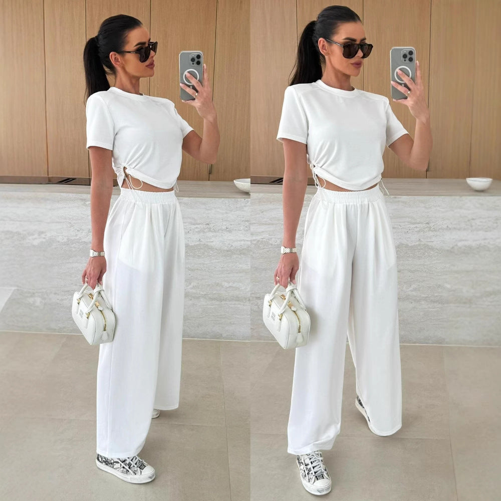 Summer Fashion Solid Color Short Sleeve T-shirt Wide Leg Trousers Two-Piece Set 5