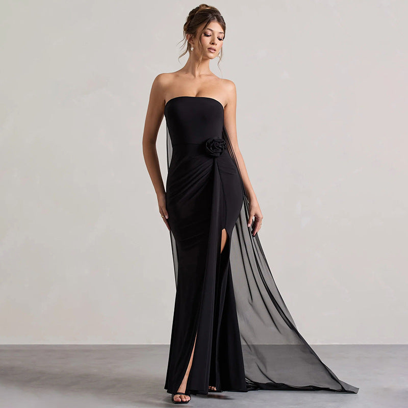 Women Strapless Flower Ribbon Slit Dress Tailed Maxi Dress 3