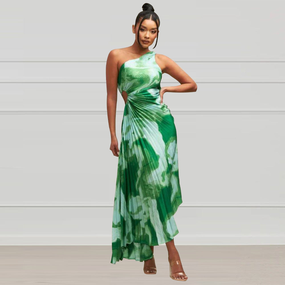 Women Slash Shoulder Sleeveless Pleated Maxi Dress 7