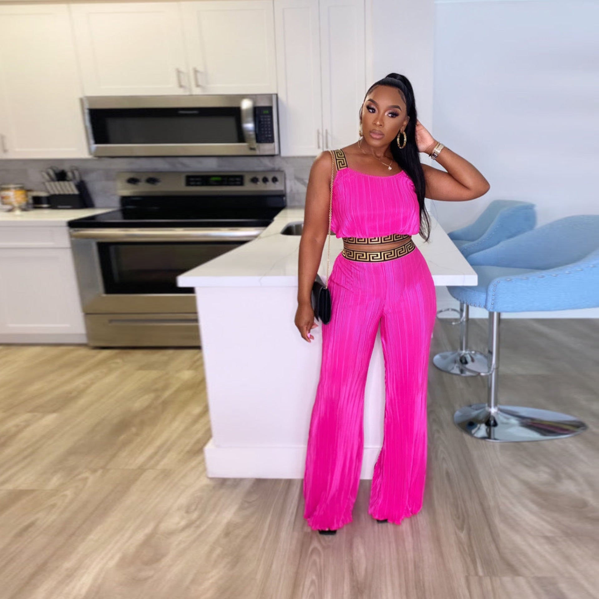 Womens Pleated Patchwork Webbing Crop Top and Solid High Waisted Wide Leg Two-Piece Set 5