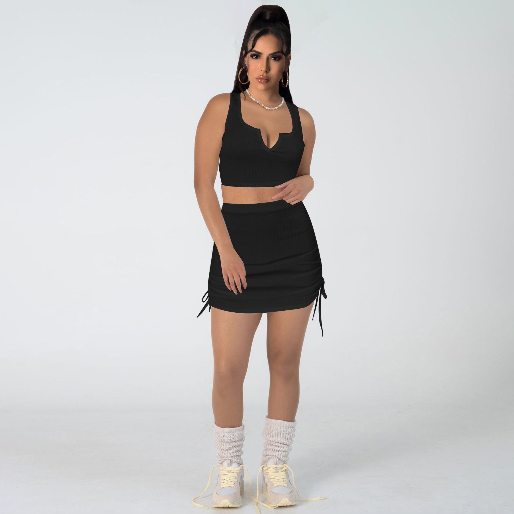 Women Stretch sexy v-neck Top and drawstring Solid Skirt two-piece set