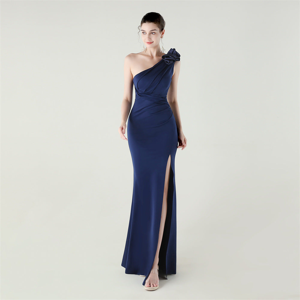 Women one-shoulder flower satin slit sexy evening dress 21
