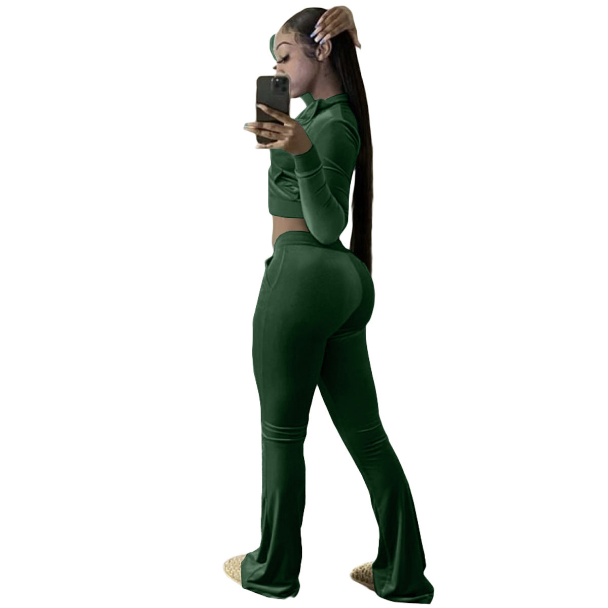Women's Solid Color Velvet Long Sleeve Sexy Zipper Crop Top Pants Casual Sports Two Piece Set 13