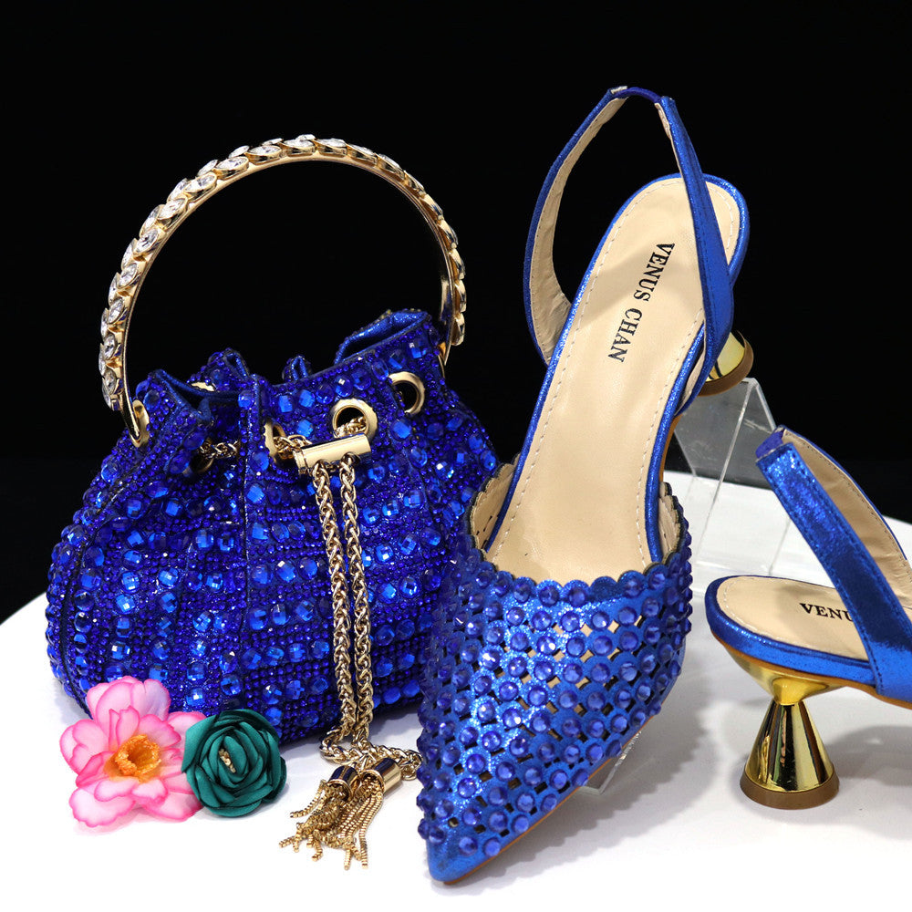 Colorful Rhinestone Bucket Handbag Paired With Pointed Toe Women's Medium Heel Shoes 10