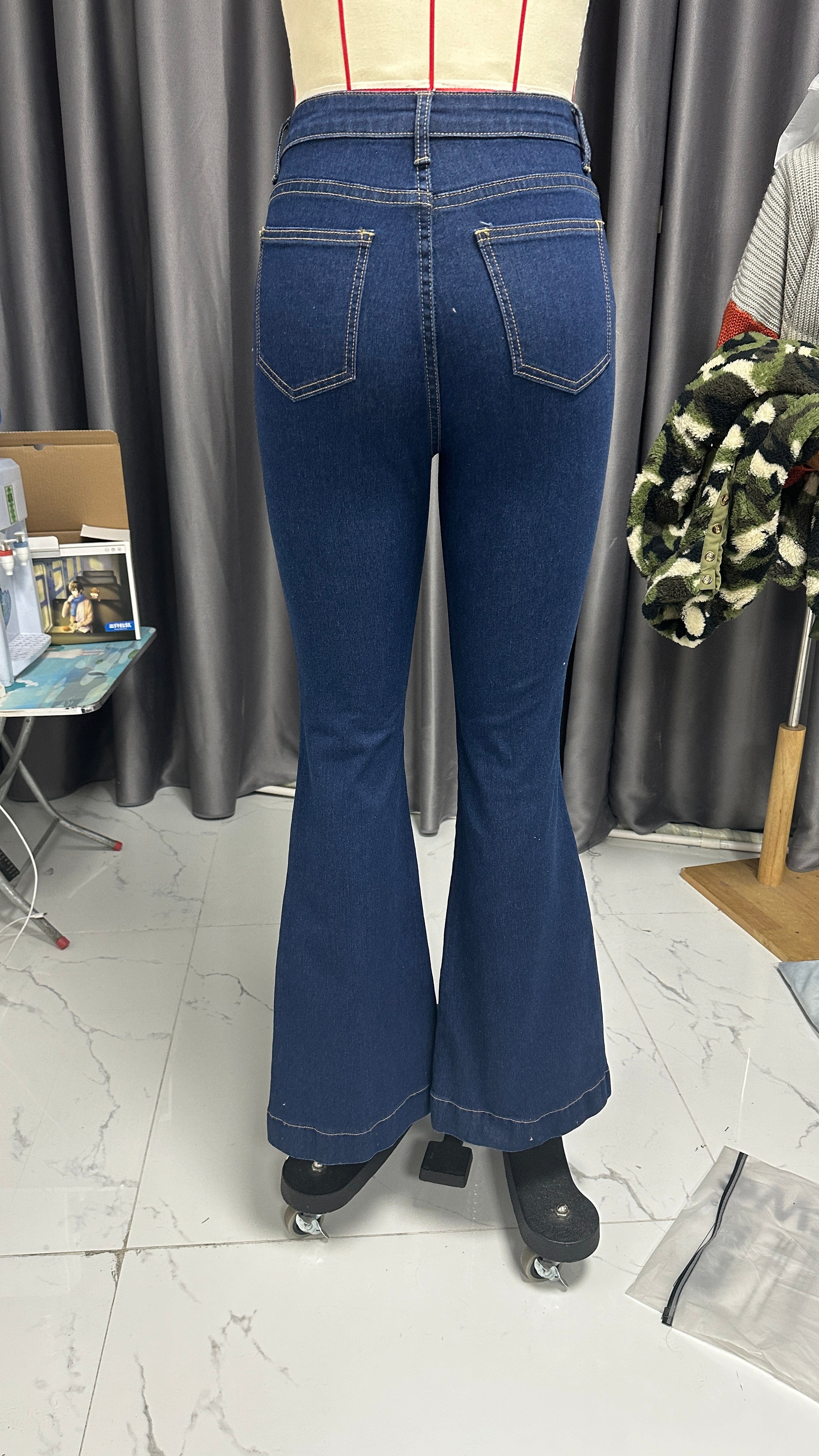 Spring Buttoned High Waist Denim Pants Women's Slim Fit Chic Bell Bottom Trousers 6