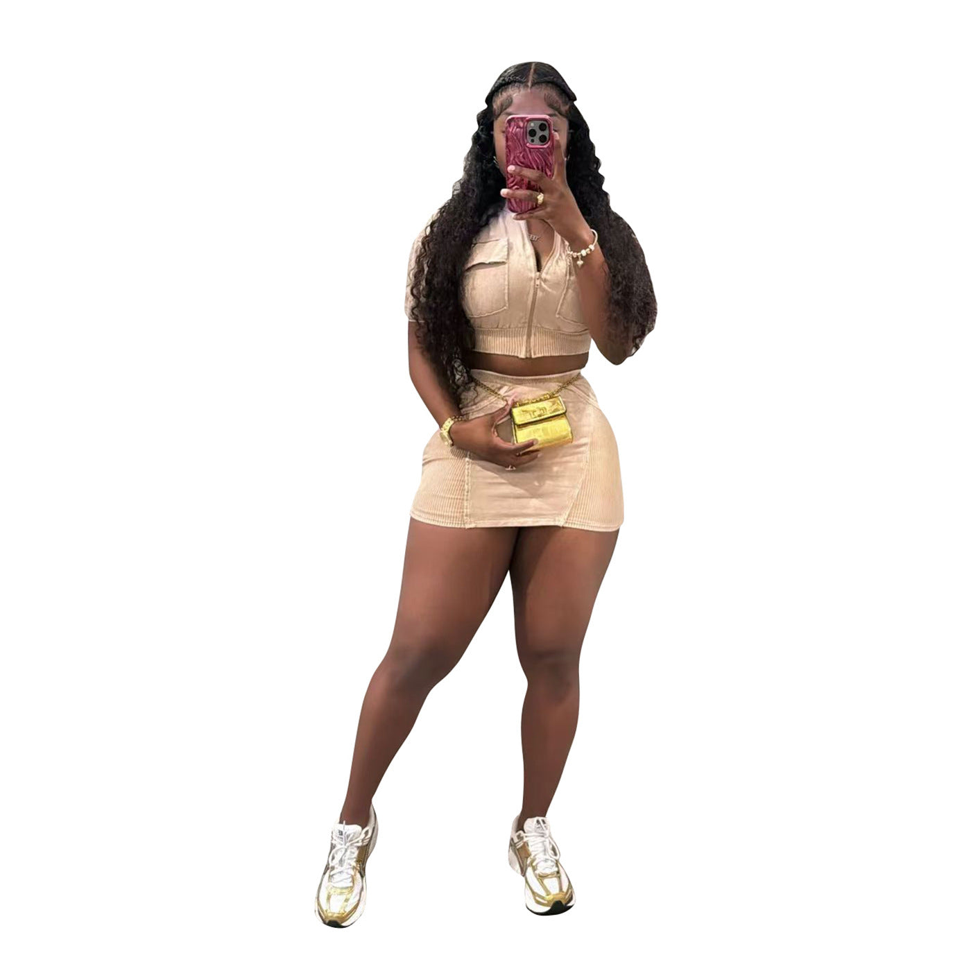 Women casual washed patchwork pocket top and skirt two-piece set 8