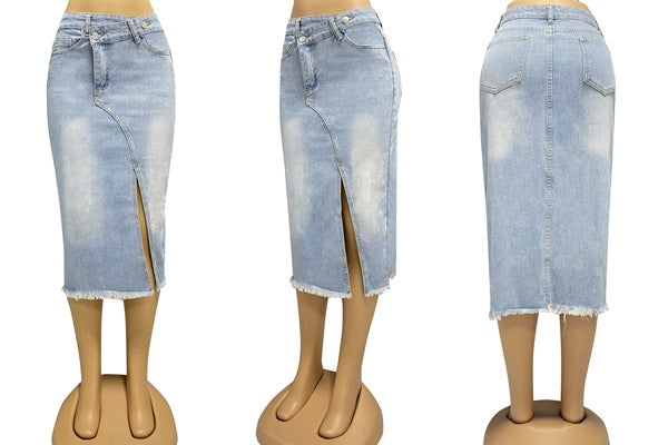 Autumn Women's Fashion Slit Patchwork Retro Denim Skirt 8