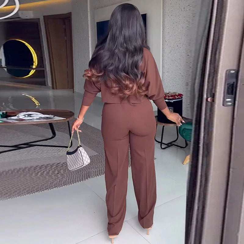 Women Autumn Solid Turndown Collar long-sleeved shirt and wide-leg Pant Casual two-piece set