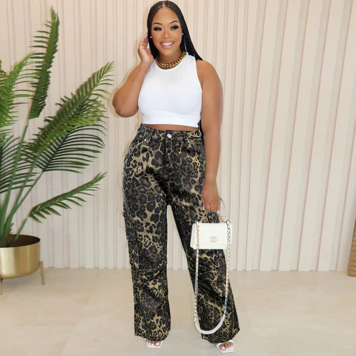 Leopard Cargo Pants Pocket Denim Jeans 4