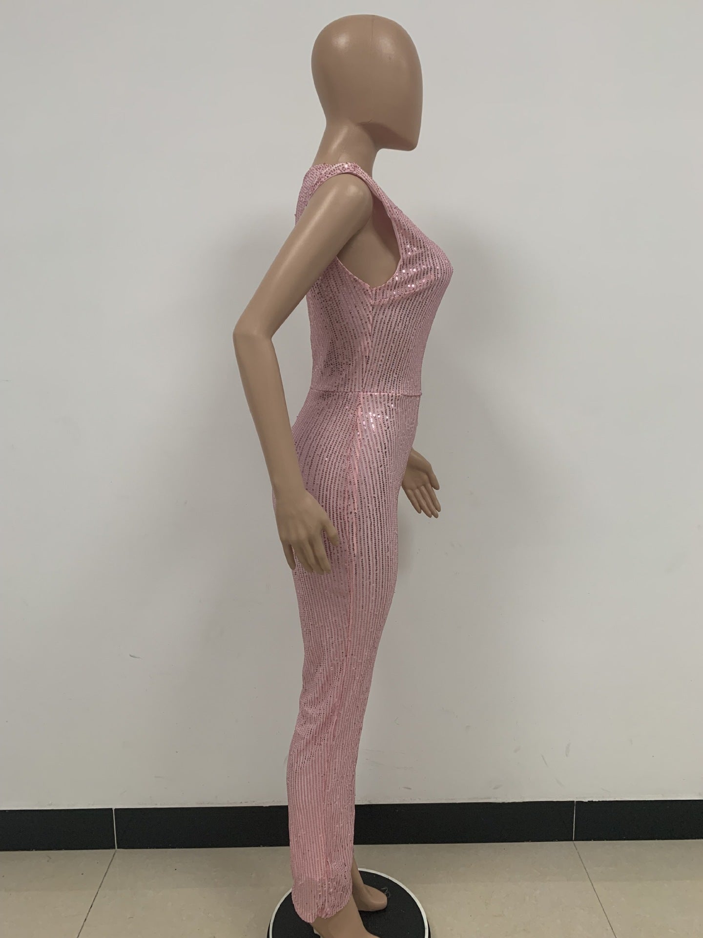 Women's Sleeveless One Shoulder Low Back Sequined Jumpsuit 68