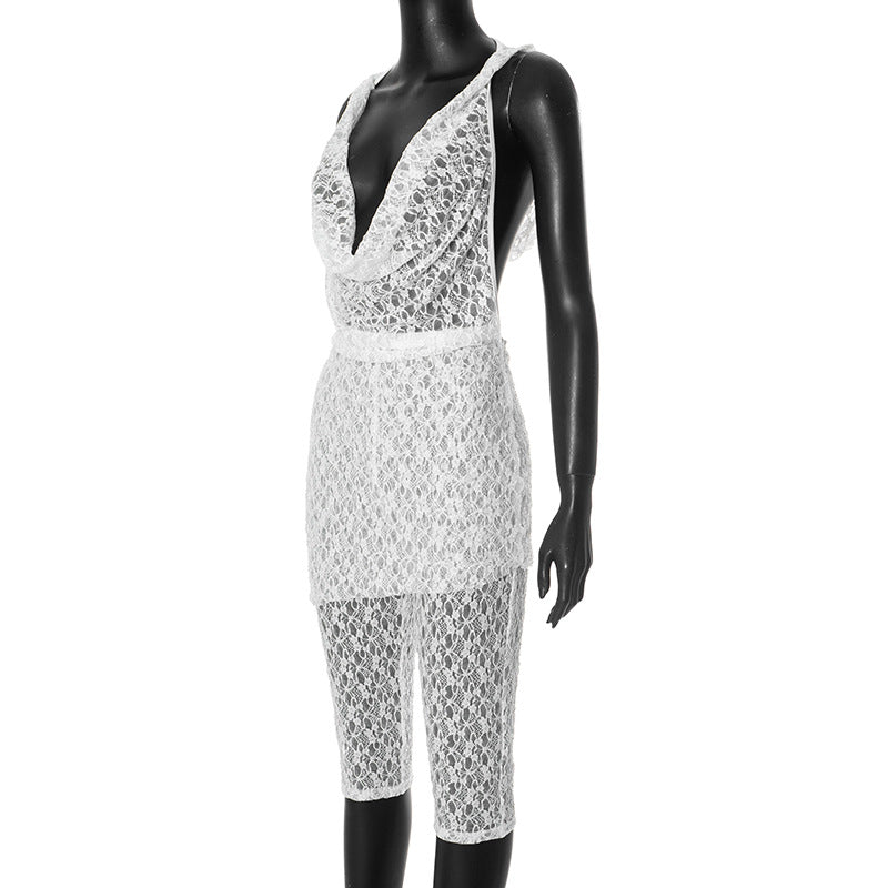 Women's spring and summer lace hood Halter Neck deep pile collar  Low Back Patchwork Dress and pants set 4