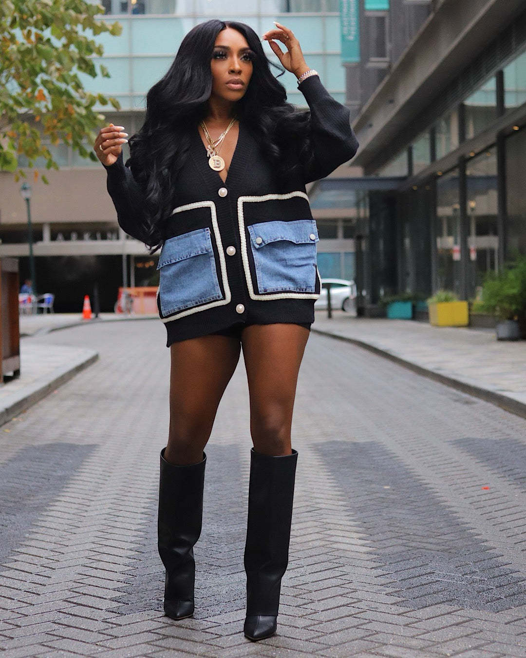 Women Patchwork Denim pocket cardigan sweater