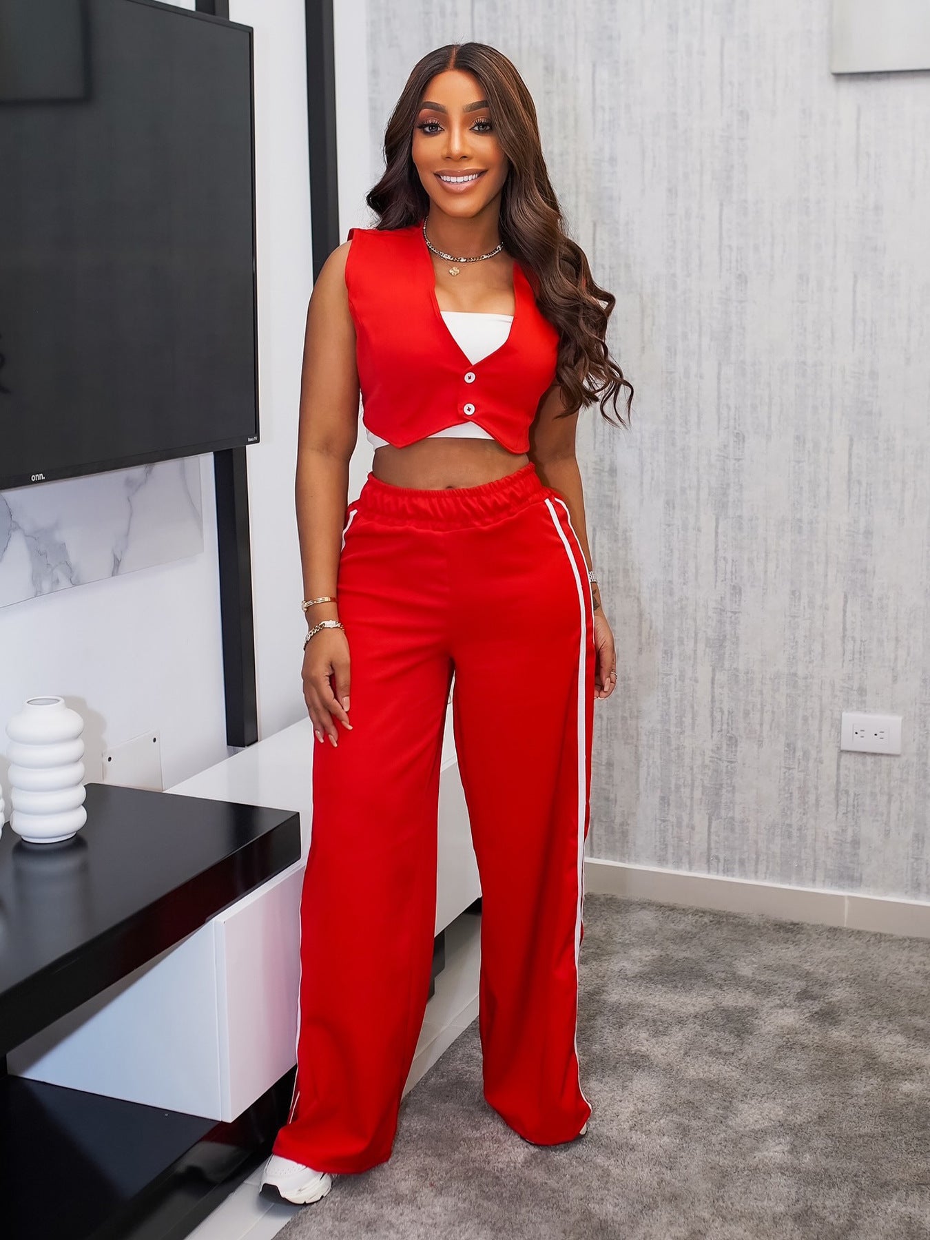 Women Sleeveless Crop Top and Casual Long Pants Two-Piece Set 3