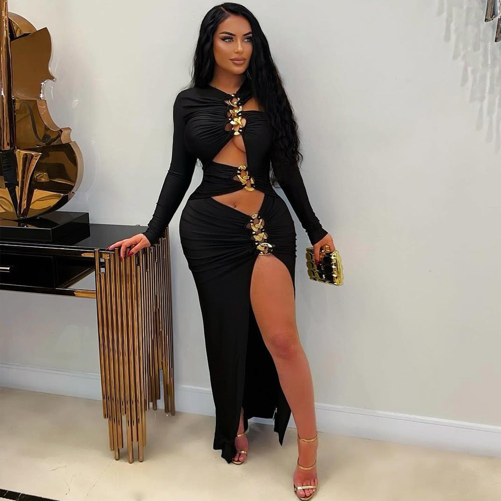 Fashionable Solid Color Slim sexy hollow slit long dress 7