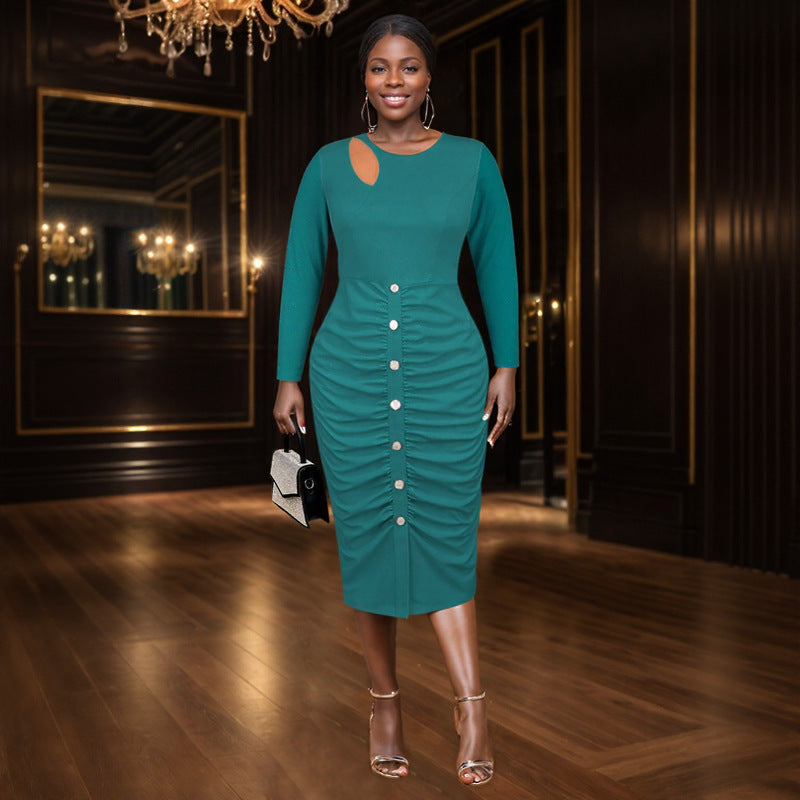 Spring Summer Hollow Button Fashionable And Career Ruched Bodycon Dress