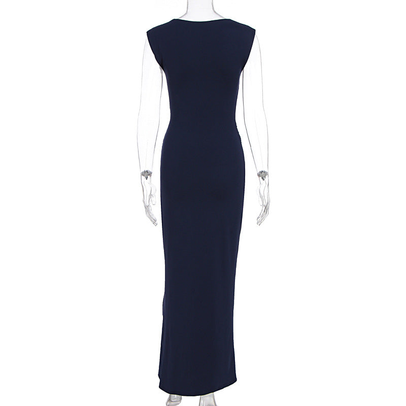 Summer Women's Fashion Chic Solid Round Neck Slim Fit Slit Dress 5