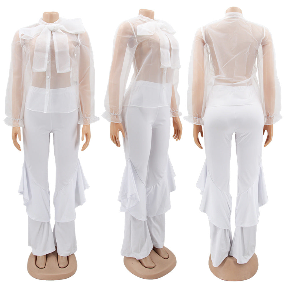 Sexy Mesh Tops Bell Bottom Pants Women's Casual Two Piece Set 7