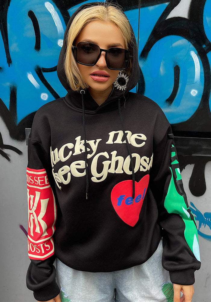 Women Graffiti Letter Printed Velvet Hoodies