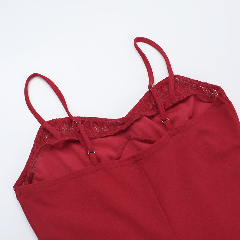 Women Suspender Lace Patchwork V Neck Dress 14