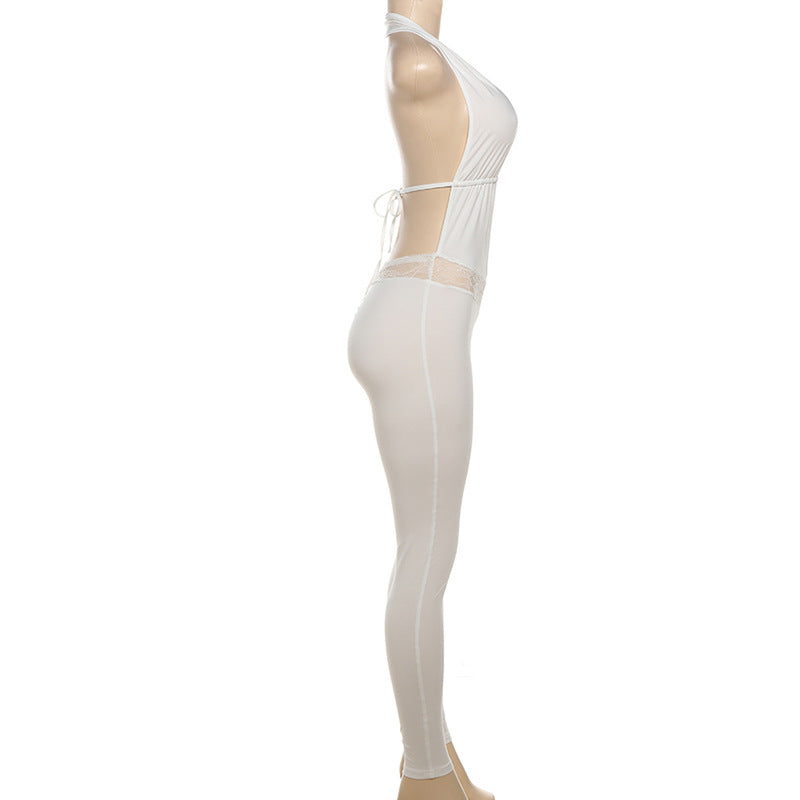 Women Summer Sexy Halter Neck V-neck Backless Lace Hollow Jumpsuit 7