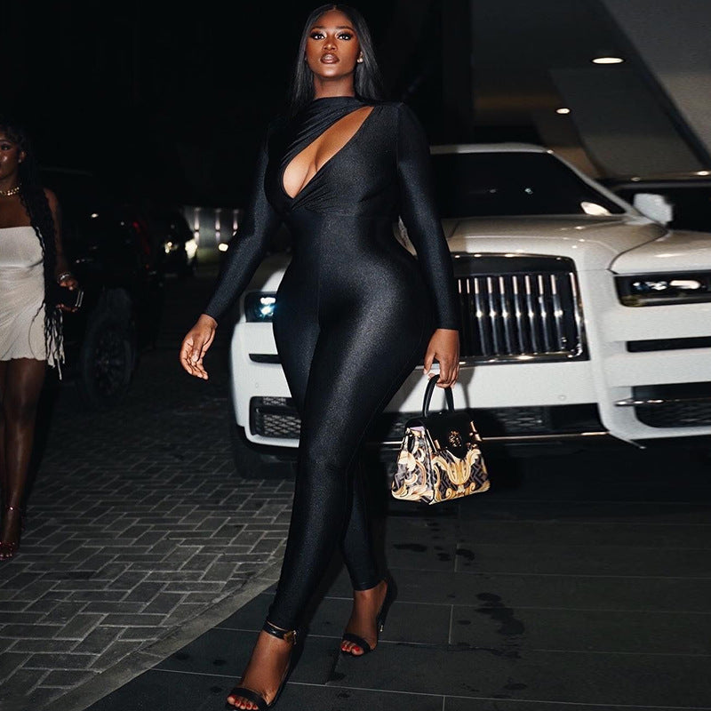 trend Solid color sexy hollow long sleeves Tight Fitting Fitness Jumpsuit 3
