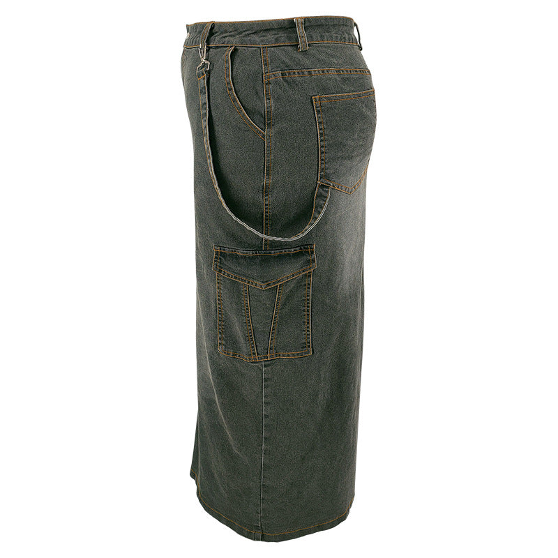 Plus Size Women Denim Strap Slit Skirt 7