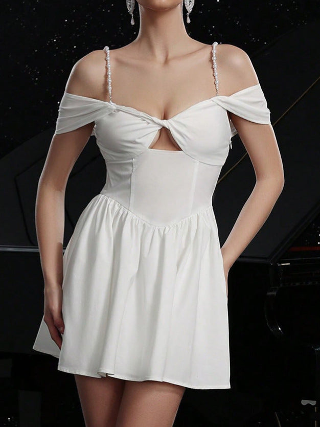 Women Spring Sexy Hollow Pearl Suspender Dress 4