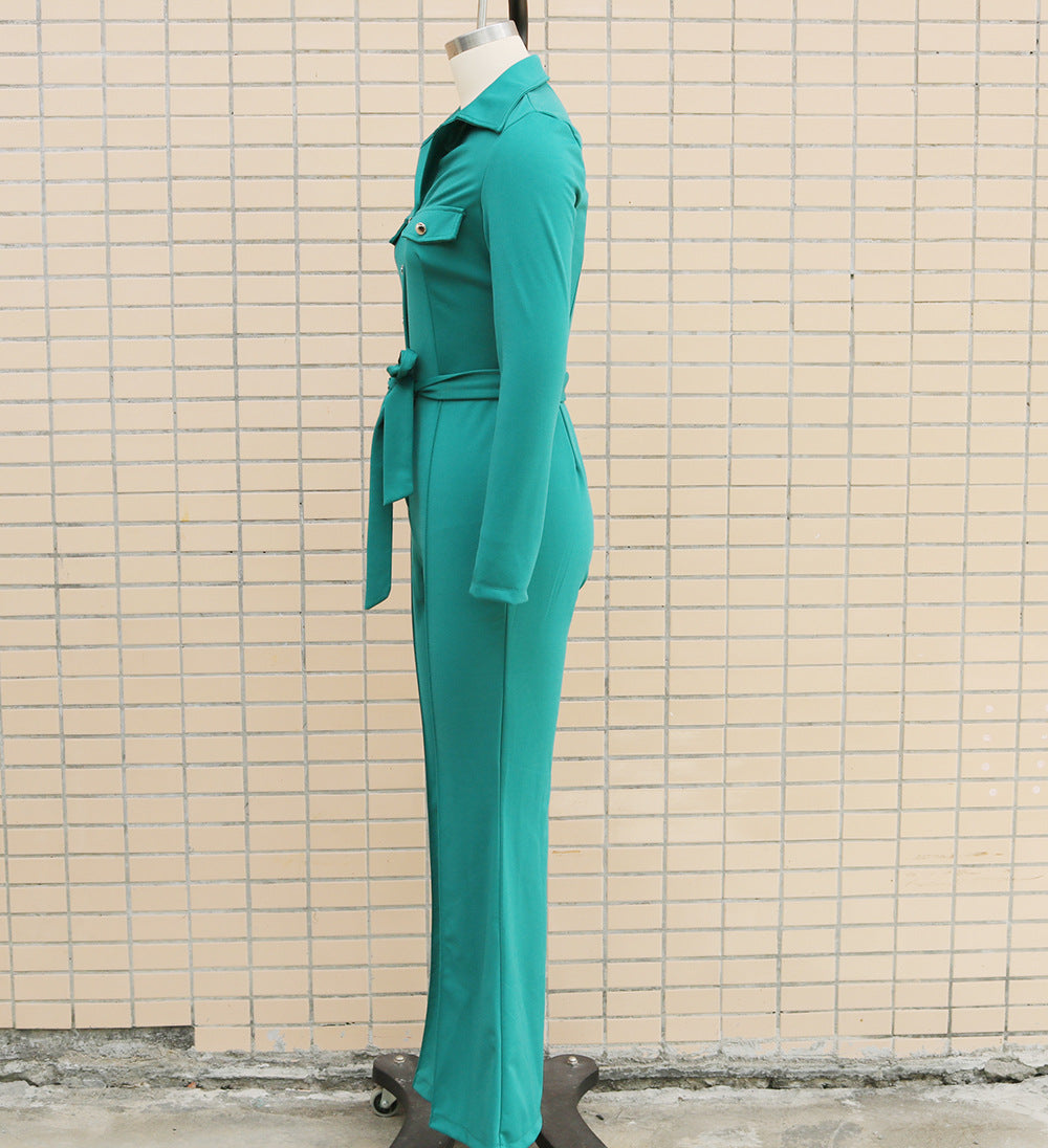 Women Turndown Collar Long Sleeve Bell-Bottom Jumpsuit 31