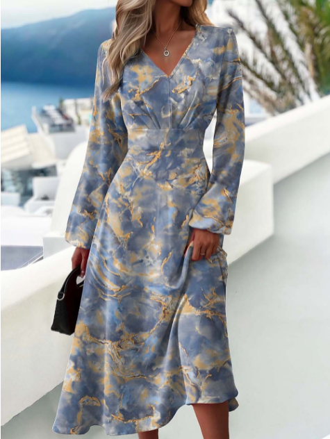 Autumn and winter fashion Chic elegant printed v-neck long-sleeved dress 3