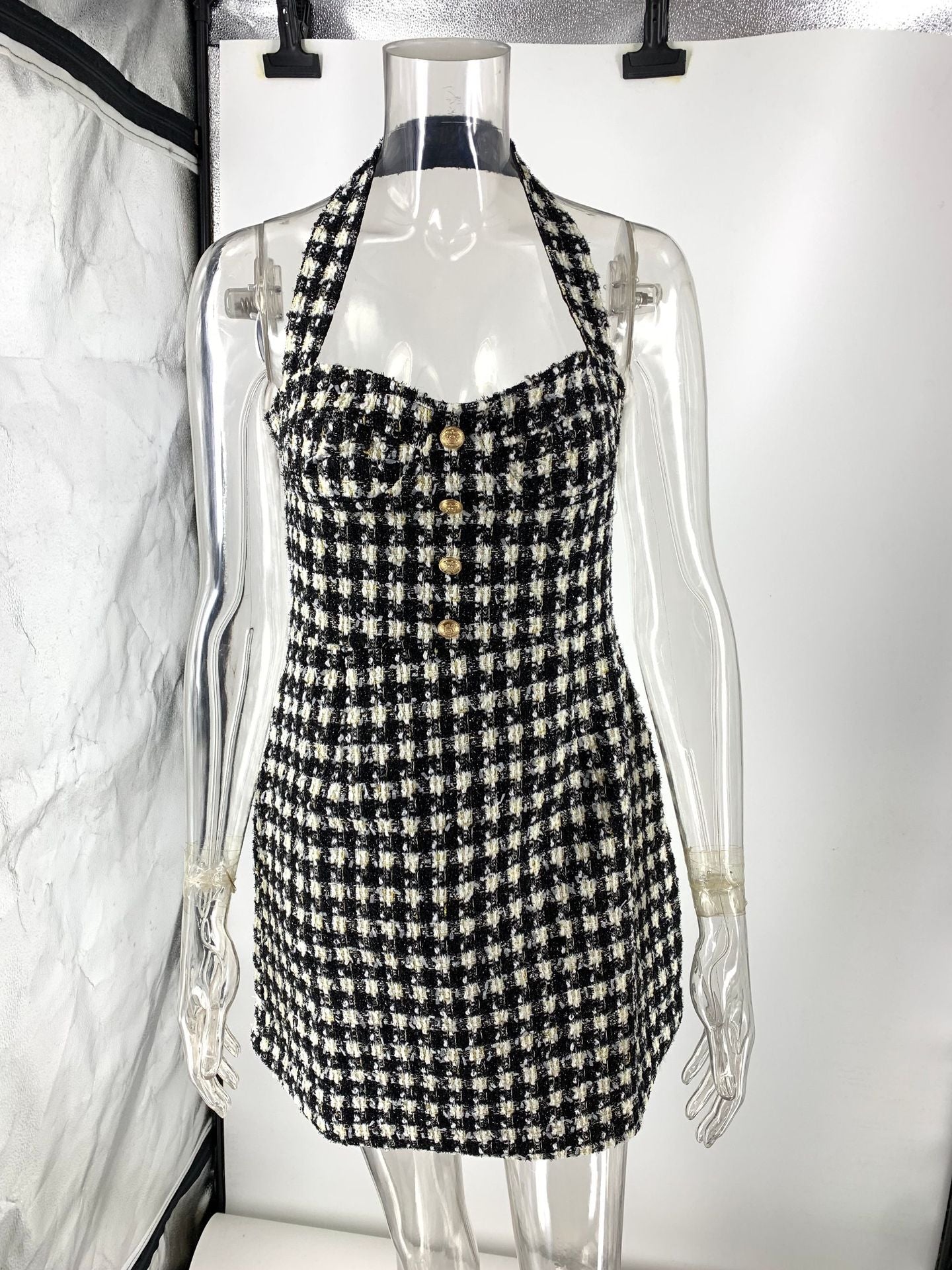 Women's Black and White Plaid Tweed Halter Neck Slim Waist Party Short Dress 6