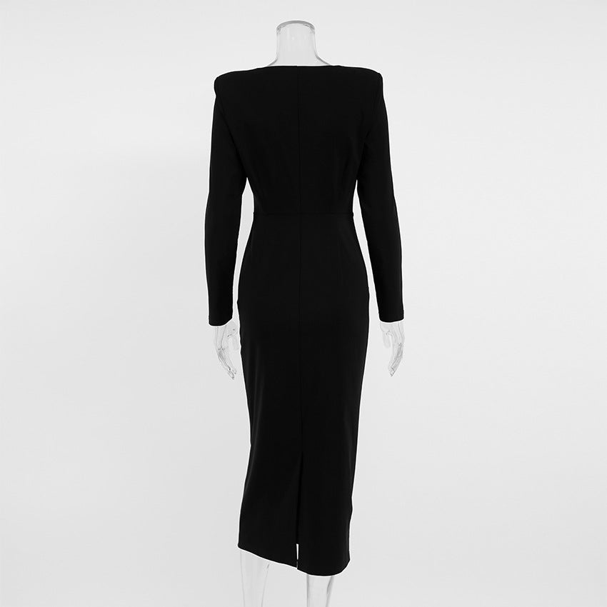 Autumn and winter French black dress Chic Slim Waist square neck long-sleeved elegant Tight Fitting long dress for women 11